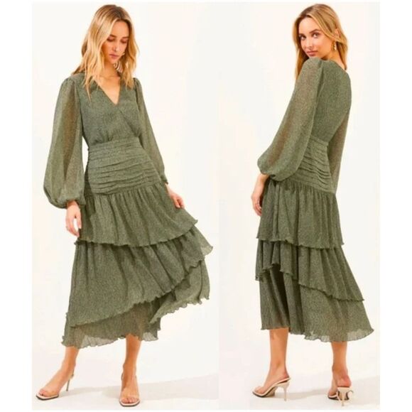 ASTR The Label Green Ruched Ruffle Floral Print Midi Dress - Picture 1 of 13